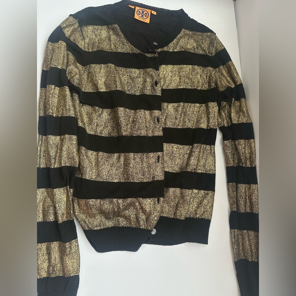Tory Burch Black and Metallic Gold Striped Knit Cardigan